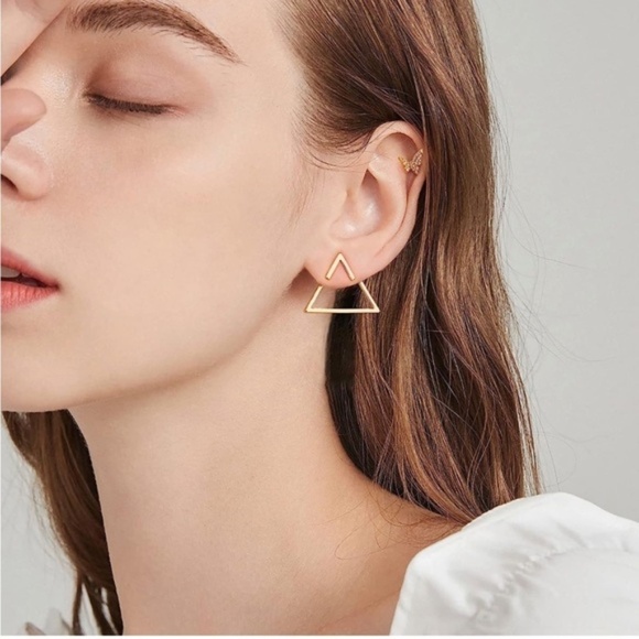 GOLD 14k Gold Plated Hollow Triangle Stud Earrings - Picture 2 of 4